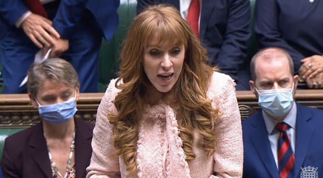 Labour deputy leader Angela Rayner in the House of Commons, Westminster, asking an urgent question over the lockdown-busting Downing Street drinks party