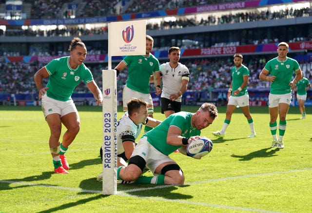Ireland's Peter O'Mahony scores a try against Romania (David Davies/PA)