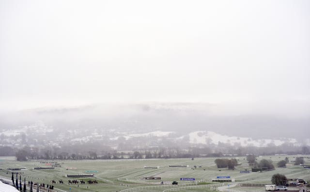 A wide shot of a frost-covered Cheltenham Racecourse