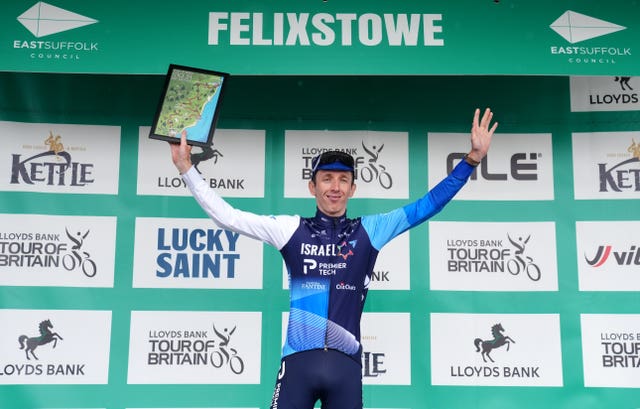 Israel-Premier Tech rider Stephen Williams on the podium after the final stage of the Tour of Britain