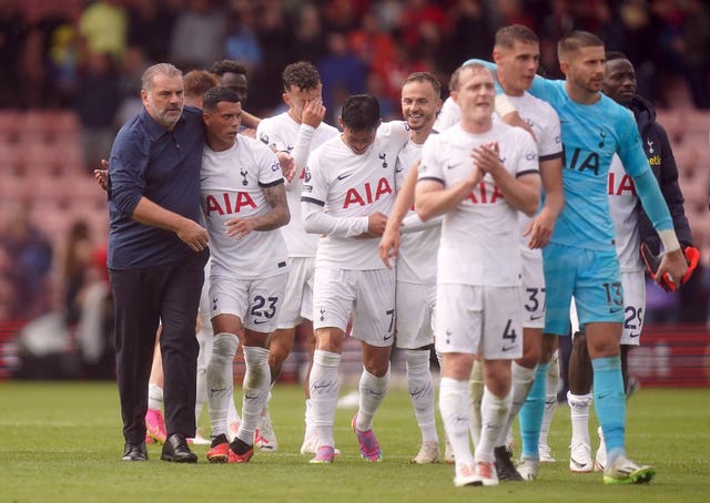 Tottenham manager Ange Postecoglou celebrates with his players