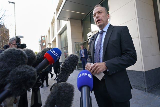 Northern Ireland Secretary Chris Heaton-Harris speaking to the media outside Erskine House, Belfast 