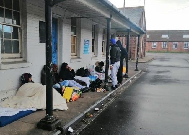 Asylum seekers conducting a sleep-out overnight on Monday/Tuesday at Napier Barracks in Folkestone, Kent 