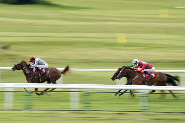 James Doyle riding Ebro River (left) coming home to win The Coral ‘Beaten By A Length' National Stakes at Sandown Park Racecourse 