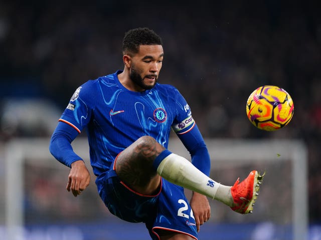 Chelsea’s Reece James kicks the ball during a game