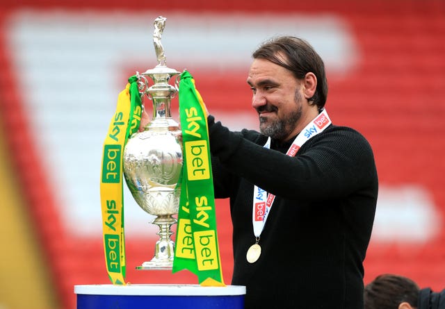 Norwich manager Daniel Farke with the Sky Bet Championship title