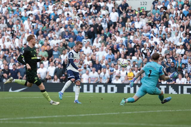 James Maddison, centre, scores for Tottenham