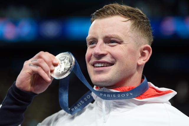 Great Britain’s Adam Peaty with his silver medal following the men’s 100m breaststroke final in Paris