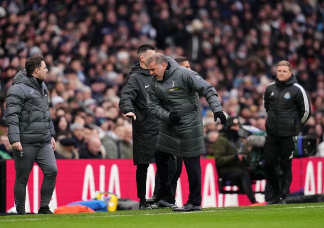 Tottenham manager Ange Postecoglou (centre) during the Premier League defeat by Newcastle