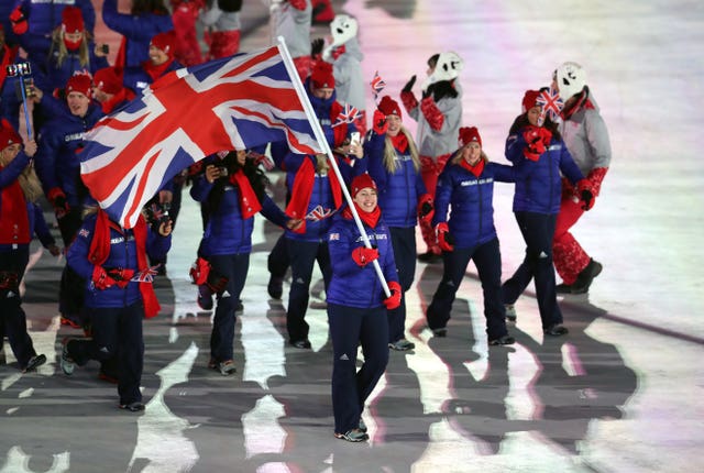 Great Britain's flag bearer Lizzy Yarnold leads out her team during the opening ceremony of the Pyeongchang 2018 Winter Olympic Games