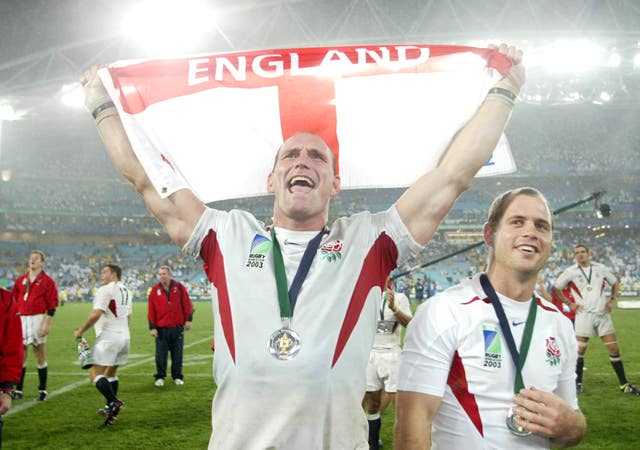 England’s Lawrence Dallaglio, left, and Kyran Bracken celebrate after England’s World Cup win in 2003