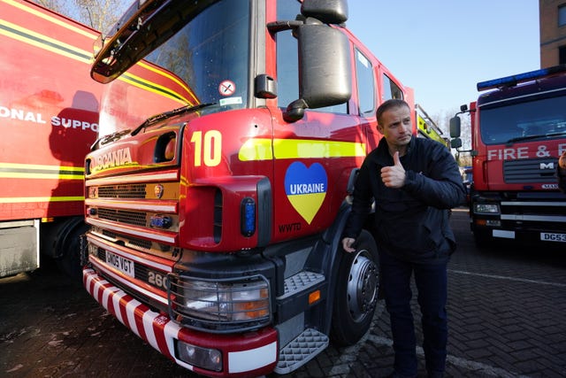 A heart in the colours of the Ukraine flag was affixed to a fire engine