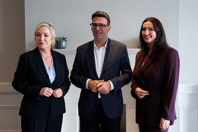 Prime Minister Andy Burnham with First Minister Michelle O’Neill (left) and Deputy First Minister Emma Little-Pengelly
