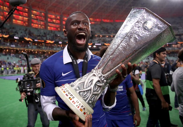 Toni Rudiger celebrates with the Europa League trophy