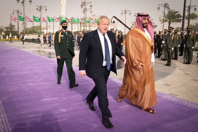 Boris Johnson is welcomed by Mohammed bin Salman to Saudi Arabia in 2022 