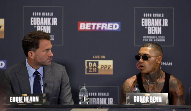 Eddie Hearn, left, hopes Conor Benn can fight in the UK in the first half of this year (Steven Paston/PA)
