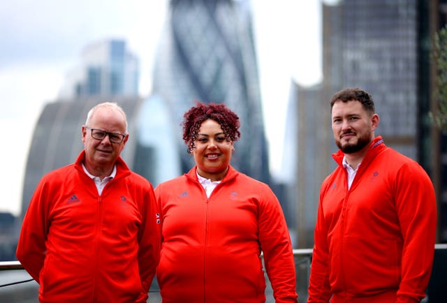 Emily Campbell, centre, flanked by Team GB chef de mission Mark England, left, and British Weightlifting head of performance Stuart Martin at the team announcement in London