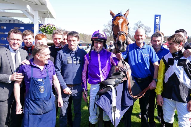 Brian Hughes is joined by fellow jockeys to celebrate his 200th winner on Dreams Of Home