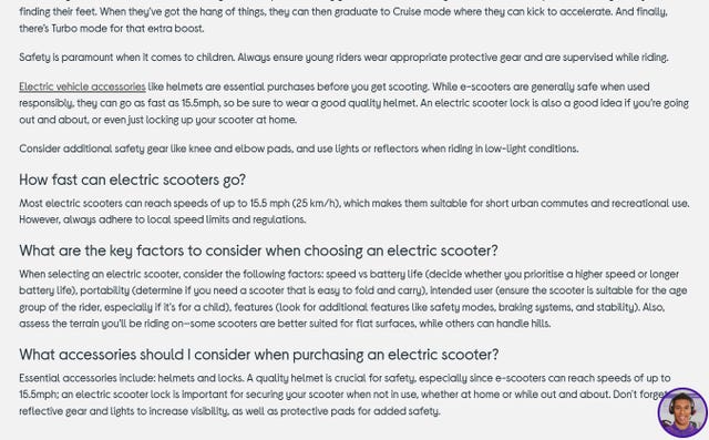 Screengrab taken from Argos website of questions and answers on electric scooters for sale