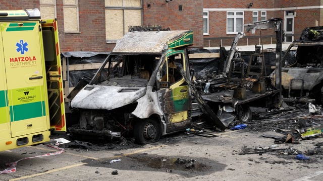 The burnt out remains of Hatzola ambulances at the Jewish Community Ambulance service in in Golders Green, London