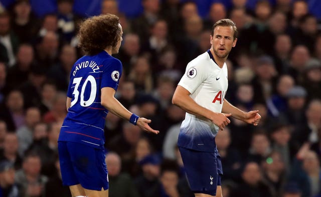 Chelsea’s David Luiz (left) and Harry Kane clashed at Stamford Bridge. (PA)
