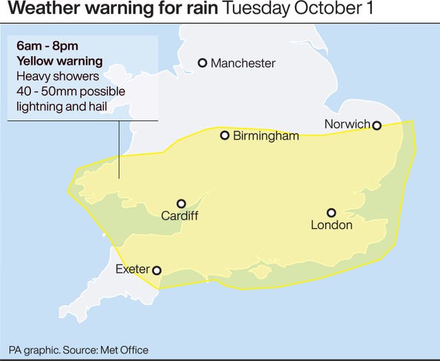 Weather warning for rain Tuesday Oct 1