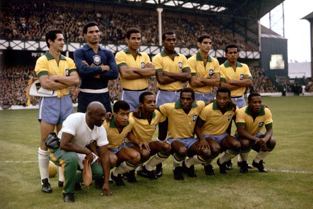 Pele, front row, second from right, poses for a picture with his team-mates at Goodison Park ahead of Brazil's final group game of the 1966 World Cup. A 3-1 defeat to Portugal would send the defending champions home early