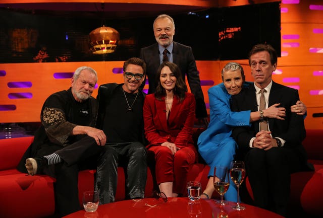 Host Graham Norton with (seated left to right) Terry Gilliam, Robert Downey Jr, Sara Bareilles Emma Thompson and Hugh Laurie (