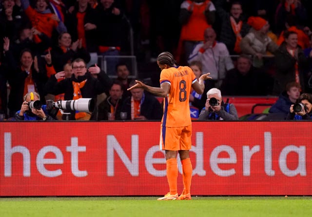 The Netherlands’ Georginio Wijnaldum celebrates 