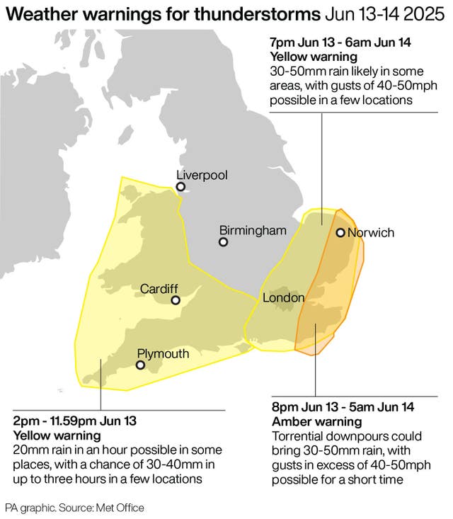 Weather warnings for thunderstorms Jun 13-14 2025