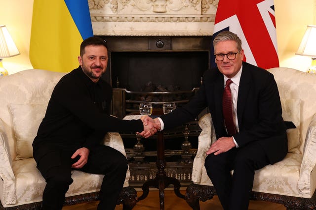 Prime Minister Sir Keir Starmer with Ukrainian President Volodymyr Zelensky at 10 Downing Street, London, during a bilateral meeting