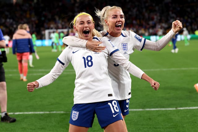 Chloe Kelly and Alex Greenwood celebrate England''s shoot-out success 