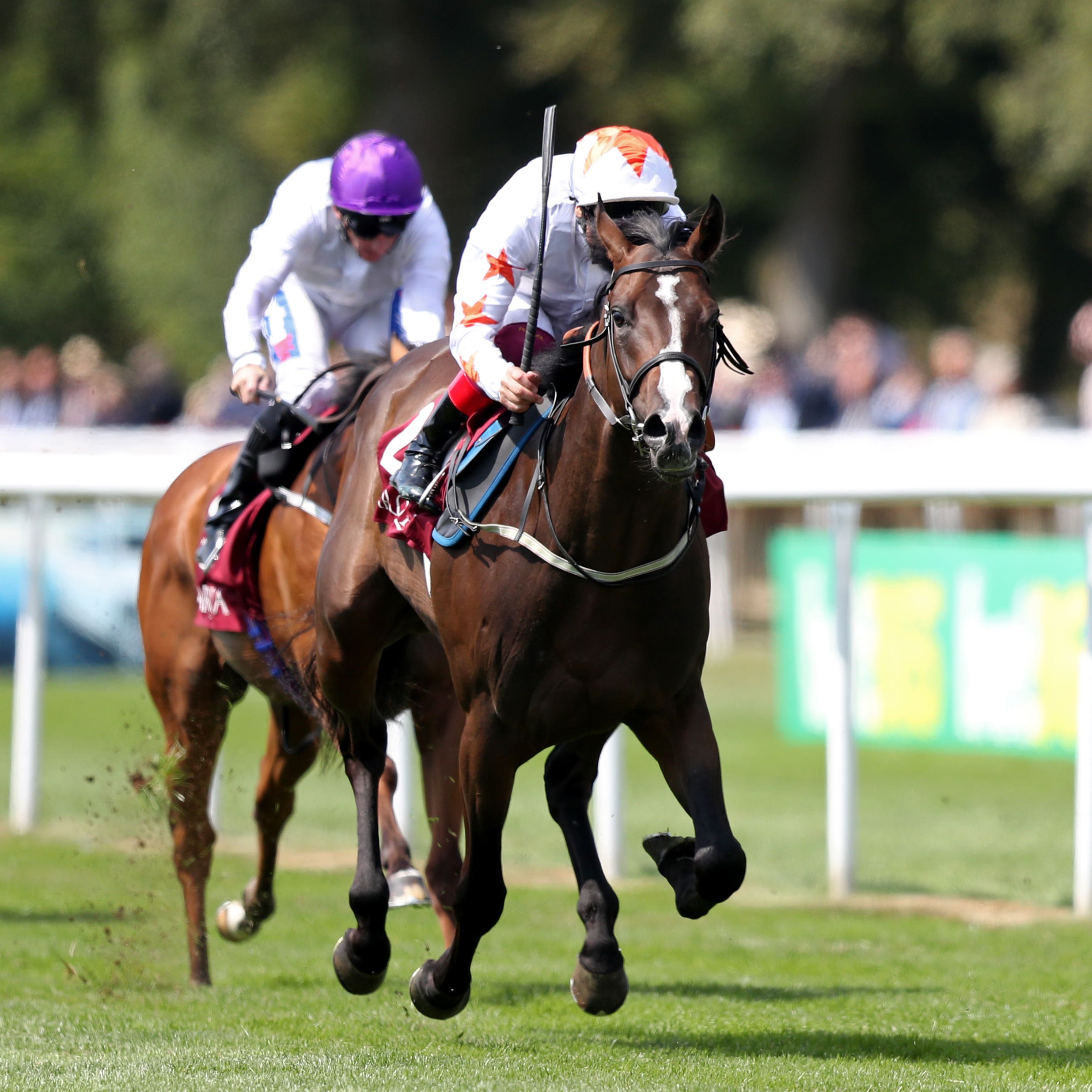 Advertise (centre) winning the July Stakes at Newmarket