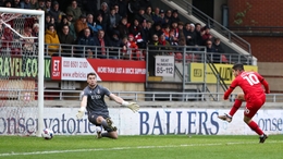 Ruel Sotiriou scores Leyton Orient’s third goal against Bradford (Kieran Cleeves/PA)