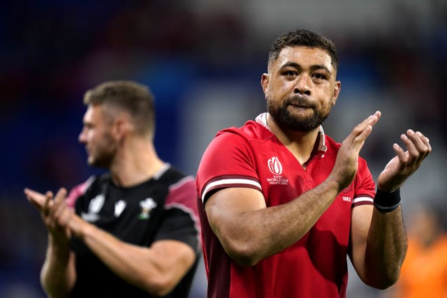Wales’ Taulupe Faletau, right, in action against Australia at the 2023 World Cup in France
