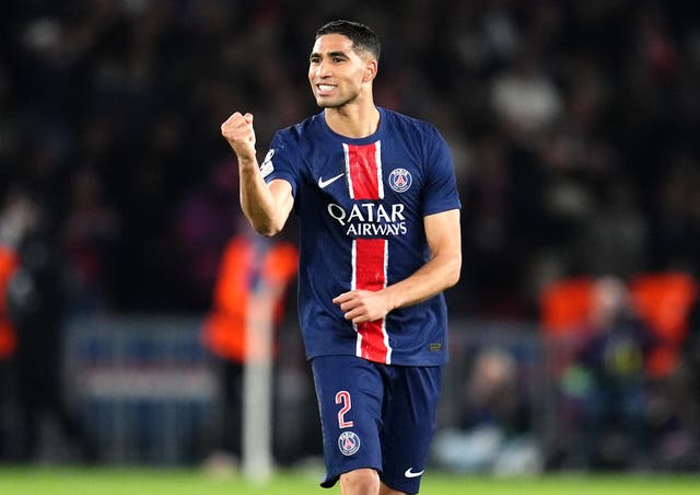 Paris St Germain's Achraf Hakimi celebrates with a clenched fist