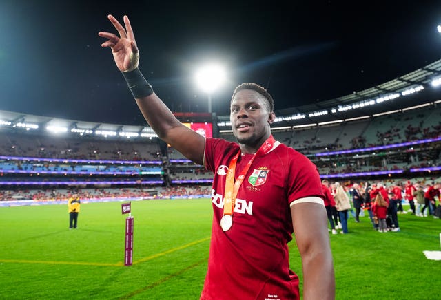 Maro Itoje celebrates the Lions' series-clinching win 