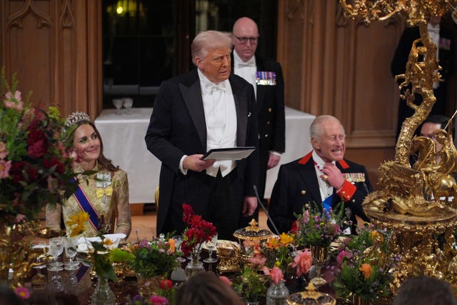 US President Donald Trump delivers at speech at the Windsor Castle banquet 