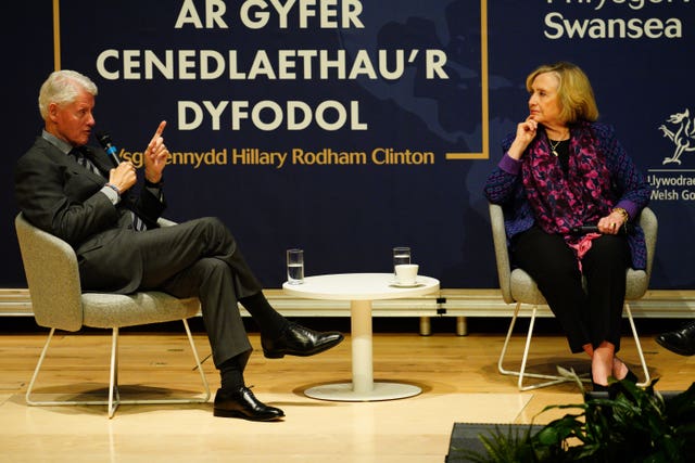 Former US President Bill Clinton addresses the audience at Swansea University about the global political challenges (Ben Birchall/PA)