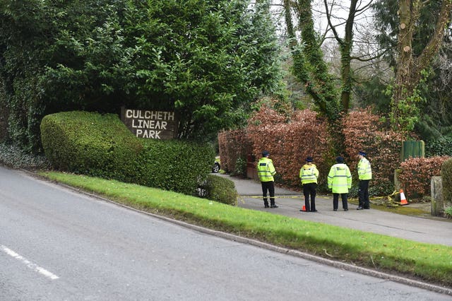 Police officers at Culcheth Linear Park, near Warrington, Cheshire, where Brianna Ghey was found stabbed
