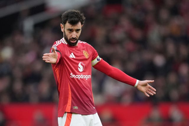 Skipper Bruno Fernandes in action for United (Martin Rickett/PA)