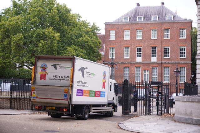 A van from the company Harrow Green moving professionals at the rear entrance to Downing Street, London, after it was announced Liz Truss is the new Conservative Party leader and will become the next prime minister 
