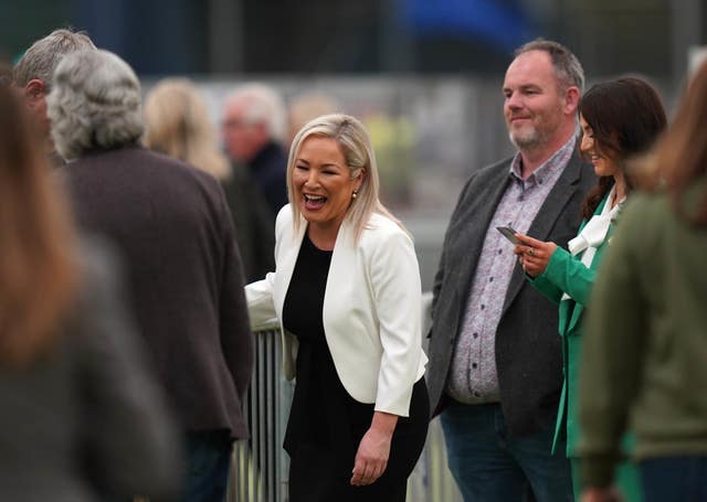 Michelle O’Neill talks to party colleagues at Meadowbank sports arena 