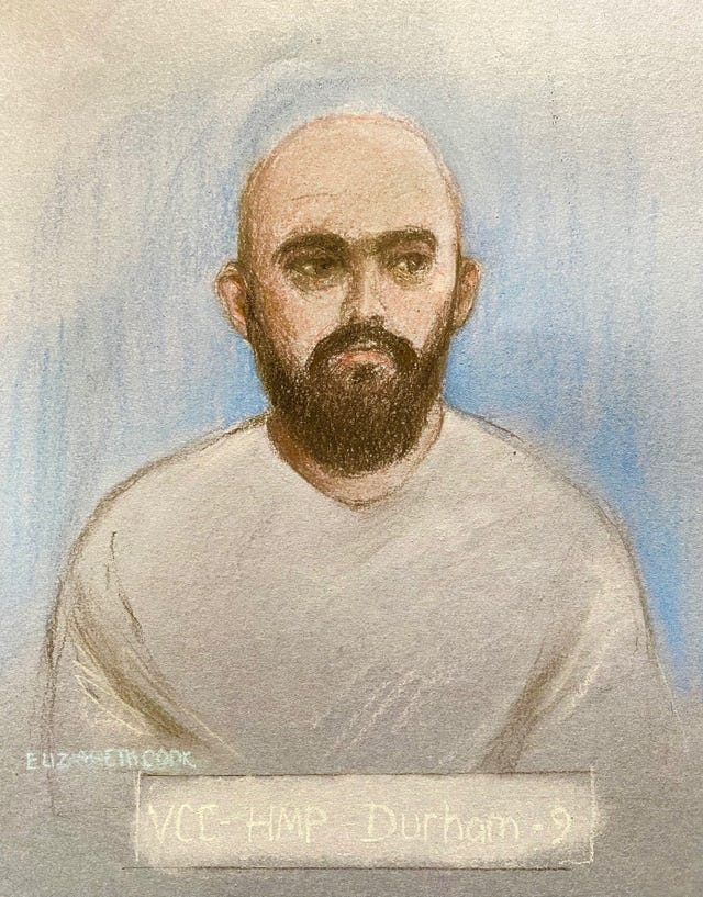 Court artist drawing of Kieran Usher appearing at Newcastle Crown Court, via video link from HMP Durham