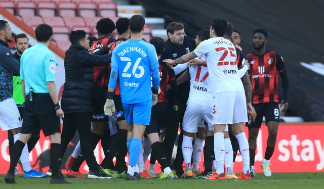 Tempers flare between the Bournemouth and Watford players