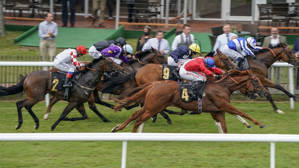 Tom Marquand and Ametist (blue cap) arrived late on the scene for victory