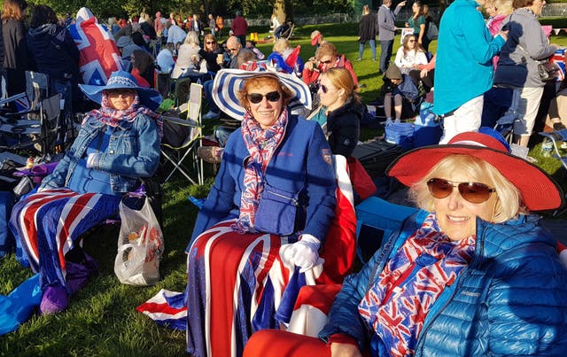 Royal fans from Cornwall (left to right) Samantha Burdon, Sarah Hawkins and Annabelle Bennetts on the Long Walk in Windsor (Tess de la Mare/PA)