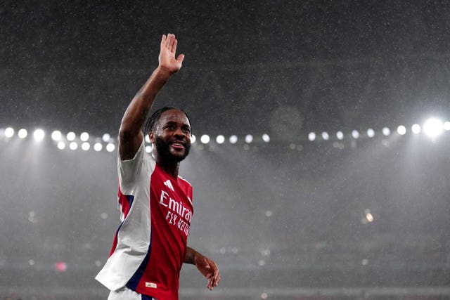 Arsenal's Raheem Sterling waves to the crowd after being substituted during the Carabao Cup third round match at the Emirates Stadium, London.