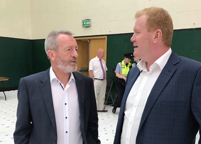 Senator Paudie Coffey (right) talks to Fine Gael MEP Sean Kelly at an election count centre 
