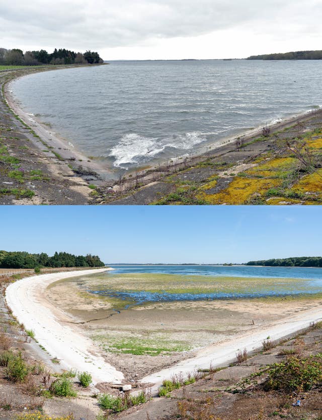 Composite of photos dated 02/04/23 (top) showing Hanningfield Reservoir, in Essex, after the recent wet weather throughout March, and on 10/08/22 (bottom) during a particularly dry summer 